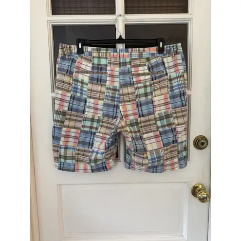 LL Bean Chino Shorts Madras Size 18 Favorite Fit Blue Patchwork Plaid Cotton