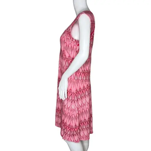 prAna Dress Women Medium Pink Feather Print Fit & Flare Open Back Casual Outdoor