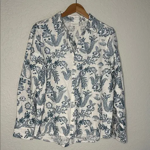 Calypso St. Barth Embroidered Shacket Shirt Button Up Blue White Linen Cottage