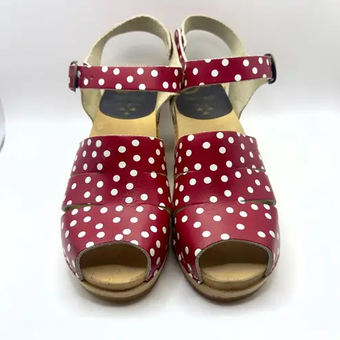 Red & White Polka Dot Wooden Clogs Heels Sandals Peep Toe Leather Womens 8.5 39
