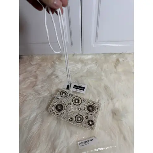 New: Bamboo Trading Co. Women's White Gold Beaded Crossbody Mini Bag/Wristlet