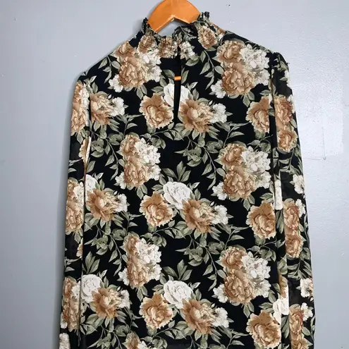 En Saison Black Cream & Olive Floral Long Sleeve Smock Ruffle Top Blouse Large