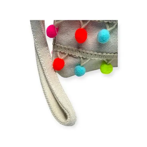 Bari Lynn 𖦹 Neon Pom Pom Wrist Strap Clutch Bag Handbag 𖦹 Canvas White 𖦹 Fun Pink