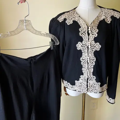 Vintage 1980s Marie St. Claire Black Wool Lace Trim Suit Set Jacket Pants Sz 14