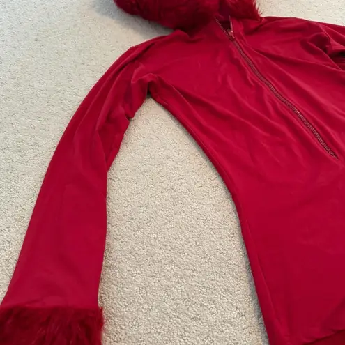 She Devil Costume Zip Up Red Romper Hoodie with Fur Hood Size M