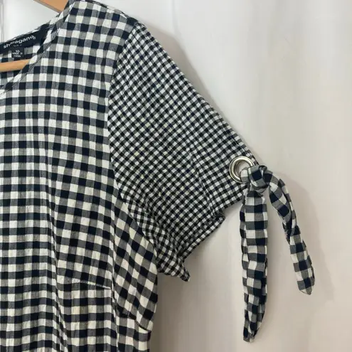 Sharagano Gingham Plaid Black White Sheath Short Tie Sleeve Cottage Fall Dress