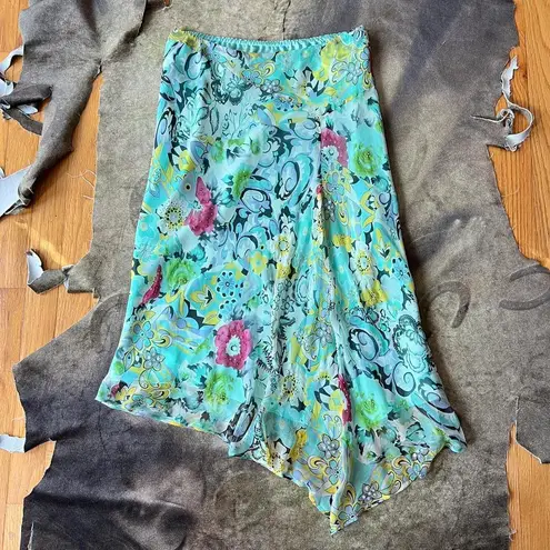 Vintage Aqua Blue Floral Abstract Midi Silk Skirt Size M