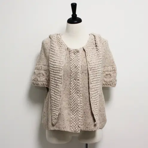 Far Away From Close Oatmeal Beige Knit Hooded Short Sleeve Snap Button Cardigan