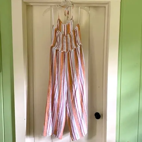 Cloth & Stone  Striped Linen Blend Halter Neck Crop Leg Jumpsuit Orange Cream M - Image 6