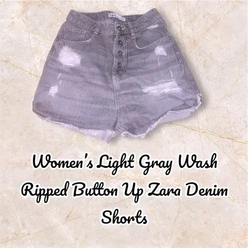ZARA Women’s Light Grey Wash Ripped Button Up  Denim Shorts - Image 2