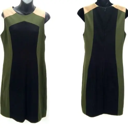 Premise COLORBLOCK SHEATH SHIFT CAREER OFFICE BLACK TAN MOSS GREEN DRESS 8