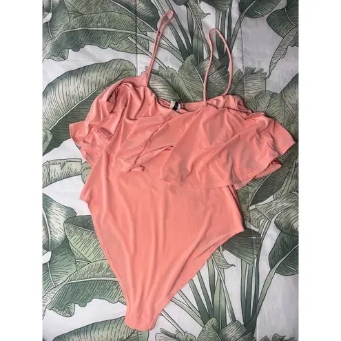 San Julian Light Peach Orange Ruffle Flounce Tank Top Bodysuit Sz Large Stretch