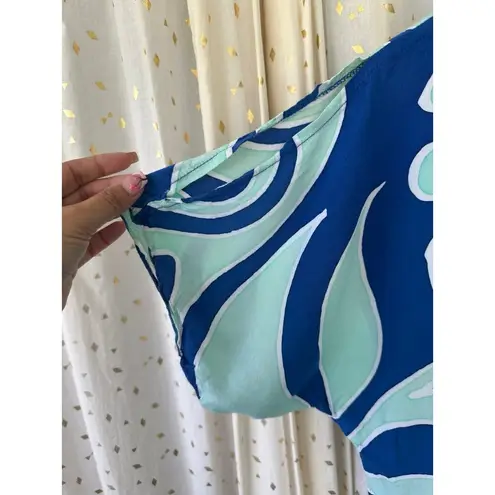 Nahe Wahine Hawaiian Watercolor Batik Mint Blue Flowy Cold Shoulder Blouse XS