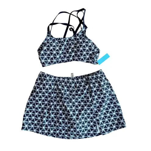 Yonique Swimsuit Set Skirted Bottom Navy White Floral Womens Sz M 14W Tankini Blue