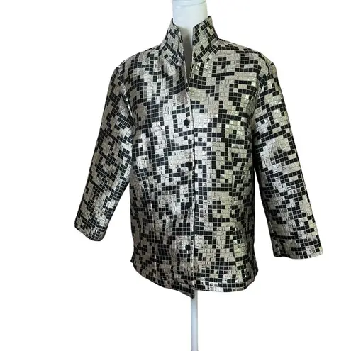 CONNIE ROBERSON Silk Silver Metallic Topper Jacket Blazer Open Jacquard Sz Large Black