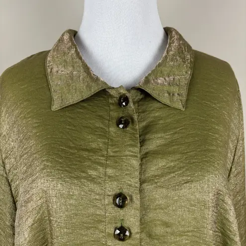 Habitat Blouse Top Womens Large Green Shimmery Metallic Button Up Collared Shirt