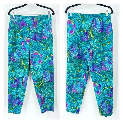 Vintage Windridge Womens Tropical Fish Print Pleated cropped Pants Medium Wacky Blue