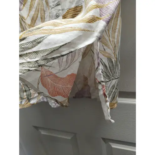 Tahari Womens Size 1X Linen Cream Multicolor Leaf Print Tropical Button Up Shirt