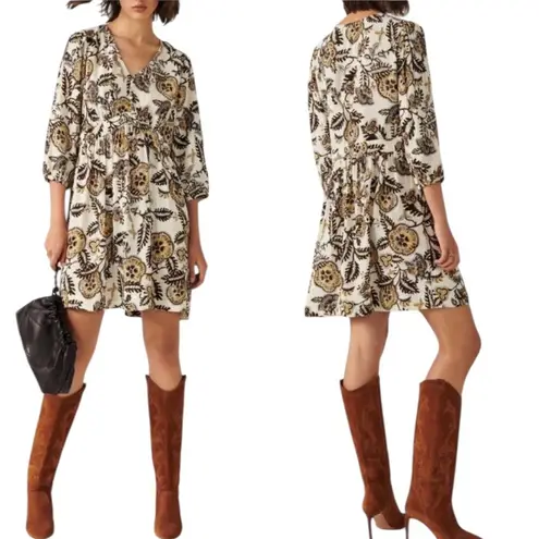Ba&sh NWT Printed Floral Leaf Volvet 3/4 Sleeve Mini Dress Beige Size XS
