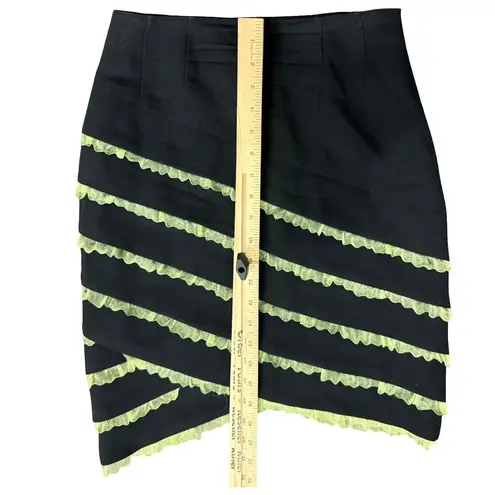 Vintage 90s Black Green Ribbon Ruffle Stripe Wool Pencil Knee Length Skirt sz 6