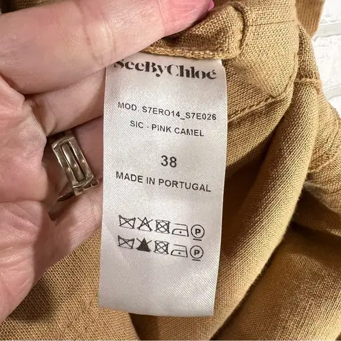 See By Chloe Camel Lace Up Linen Blend Utility Mini Dress Size 38