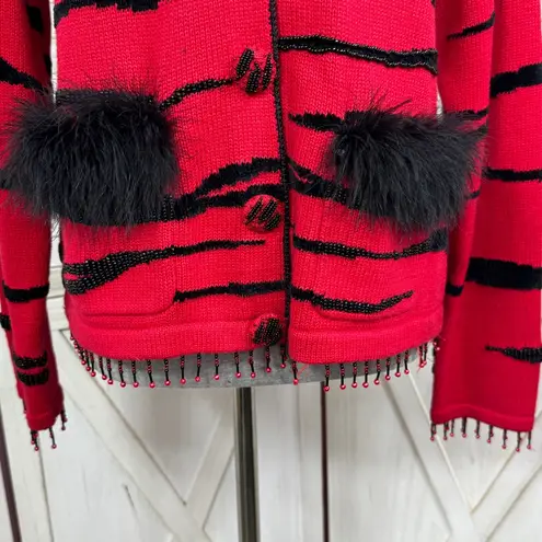 Vintage 90s Berek Beaded Tiger Stripe Cardigan Sweater Red Black Medium