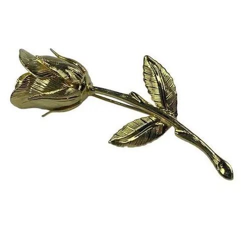 Gold Tone Long Stem Bud Rose Pin Brooch Leaves Stem Flower Vintage