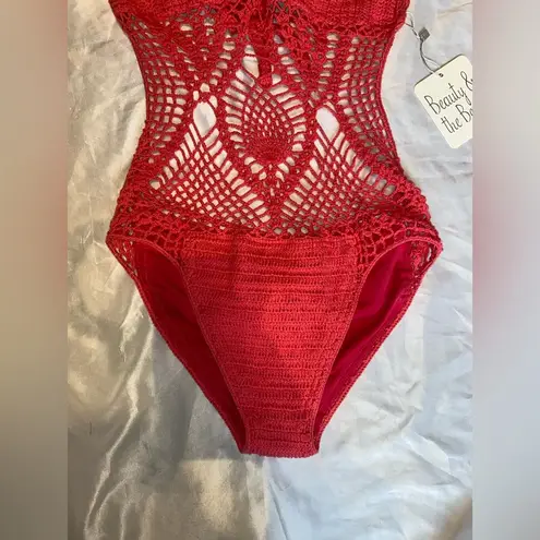 NWT hot pink crochet one piece bathing suit Size L