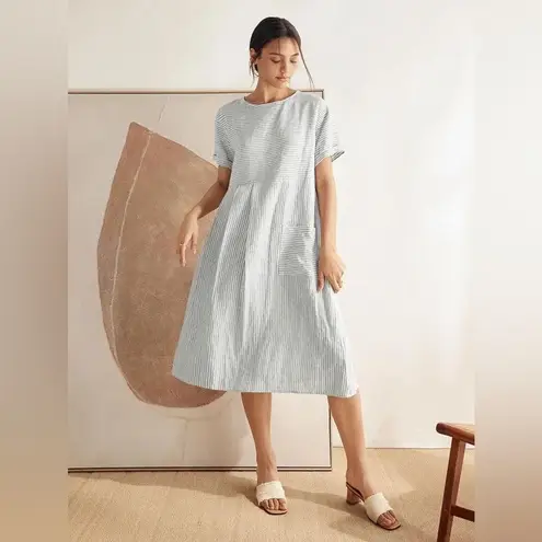 Lintico Morgan 100% Linen Striped Short Sleeve Midi Dress Boho Lagenlook Size S Blue