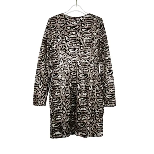 Club L Leopard Print Sequin Plunge Neck Long Sleeve Mini Dress 4 Brown