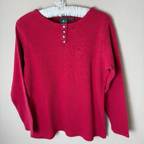 Hunt Club Vintage Waffle Knit Henley Shirt Womens Small Medium Red Thermal Top