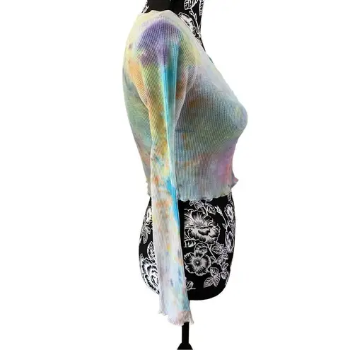 Freshman Rainbow Tie Dye Crop Top Waffle Lounge Cropped Long Sleeve T Shirt Blue Size XS
