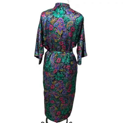 California Dynasty Vintage Paisley Satin Sleepwear Chemise Slip Robe Set Medium Green