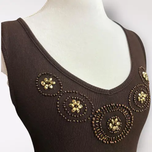 Karen Scott M Brown Ribbed Beaded Sleeveless V-Neck Tank Top Cotton Y2K Retro