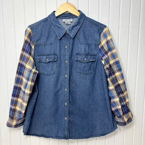 Country Store Cotton blend Denim Shirt with Plaid Sleeves Size 1X Blue