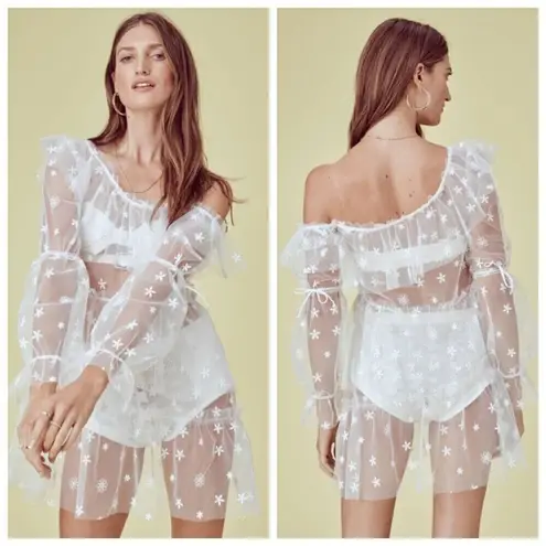 For Love & Lemons Claudia Tulle Dress Sheer Daisy Women’s Size Small Off Shoulde White