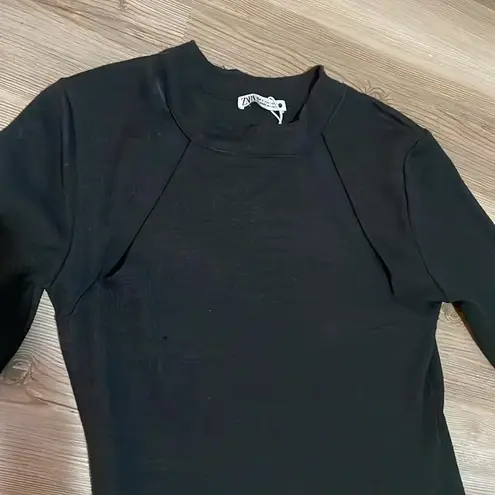 ZARA  knit midi dress Front cutouts Long sleeved Black Size S NWT Stretchy Sleek