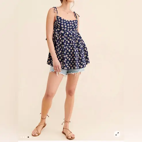 Free People  Womens Molly Floral Top XS Navy and Cream