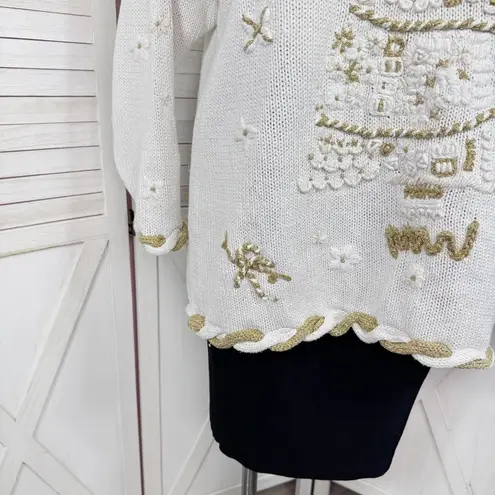 Vintage 90s JK Designs Christmas Tree Chunky Oversized Sweater White Gold 18