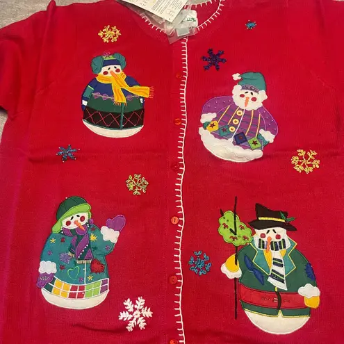 Quacker Factory 2X Christmas Cardigan Red Snowman Holiday Festive Ugly Sweater