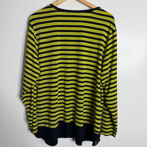Susan Graver Green & Black Stripe Tunic 2X Shoulder Button Detail long Sleeves