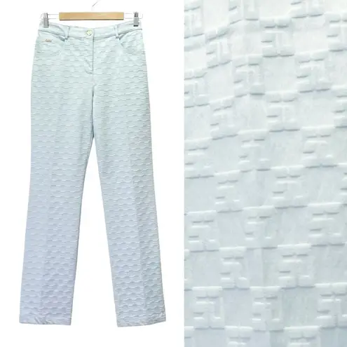 St. John Sport Aqua Blue Textured Pants Size 2 Straight Leg Logo Jacquard VTG