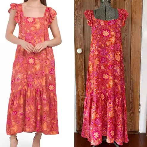 House of Harlow Maxi Dress Floral Flutter Ruffle Sleeve & Pockets