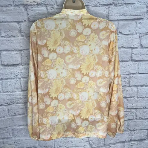 Vintage Nikki 1/4 Button Long Sleeve Blouse Yellow Neutral Floral 70s Disco M Size M