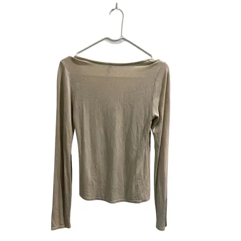 Mono B Beige Ribbed Long Sleeve Tie Front Top Size S Tan