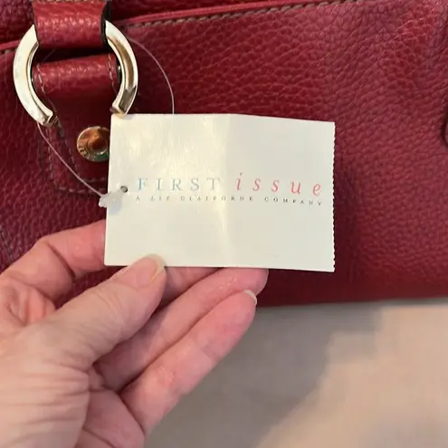 NWT First Issue red pebbled faux leather bag 1 inside & outside pocket zip close