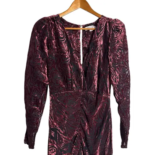 Ronny Kobo Wine Red Ruched Burnout Velvet Long Sleeve Midi Cocktail Dress 4