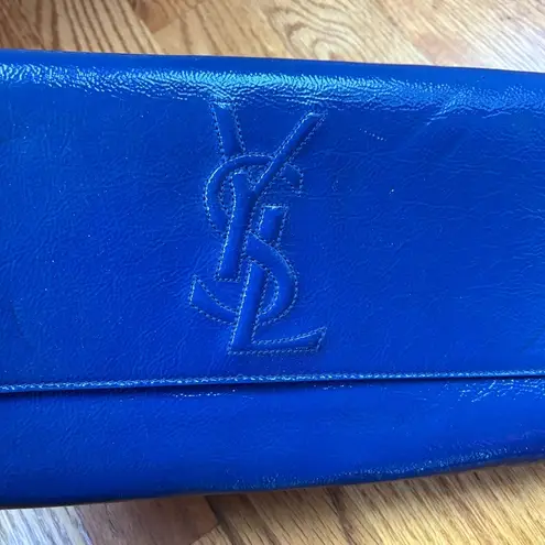 YSL Saint Laurent Textured Patent Calfskin Large Belle De Jour Clutch Royal Blue