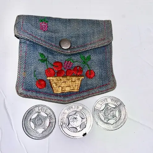 Vintage denim cherry basket coin purse • button pouch • with lucky coins