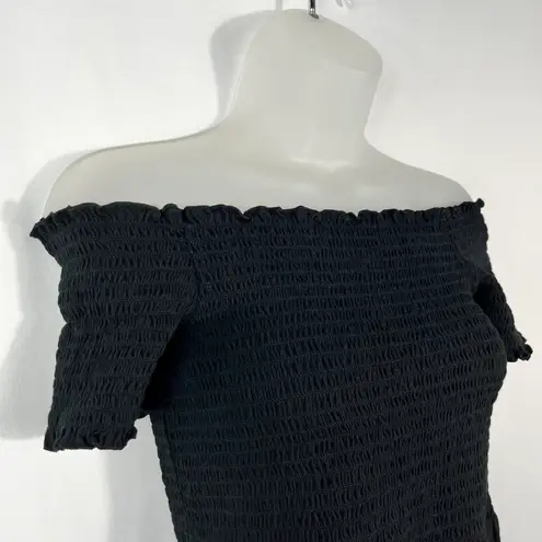 American Eagle Solid Black Smocked Stretch Peplum Hem Short Sleeve Top Medium M